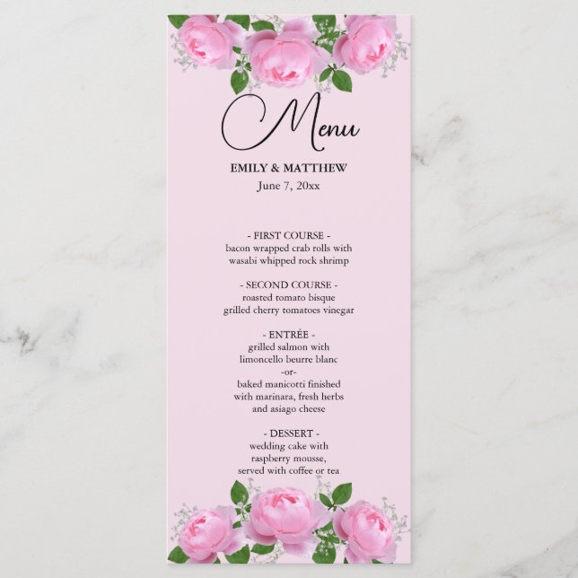 Rosen, Hochzeiten, Rosen, rosa, braun Menükarte (Vorderseite)