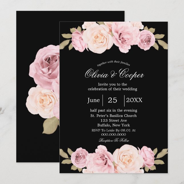 Rosen Hochzeitsempfang in Schwarz und Rosa Einladung (Vorne/Hinten)