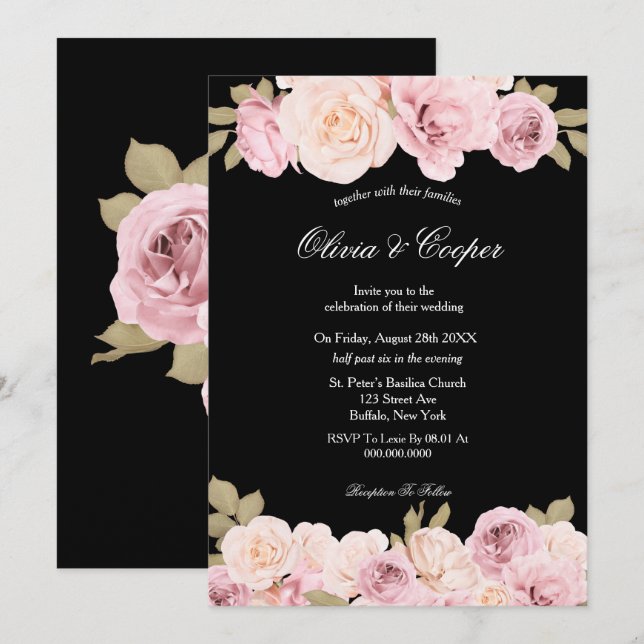 Rosen Hochzeitsempfang in Schwarz und Rosa Einladung (Vorne/Hinten)