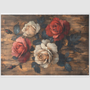 Rosen in Rot und Pfirsichrosa bemalte Holzdecoupag Seidenpapier