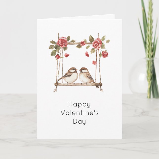 Rosen lieben Vögel auf Schaukel Valentinstag Karte (Vorderseite)