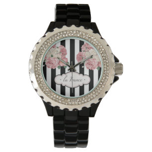 Rosen mit Schwarzweiss-Streifen Armbanduhr