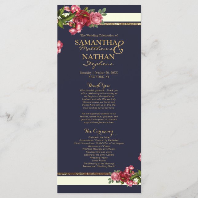 Rosen Navy Streifen und Gold Hochzeitsprogramme Programm (Vorderseite)