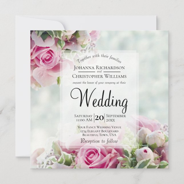 Rosen & Peony Buds Elegante Hochzeit der Blumen Einladung (Vorderseite)