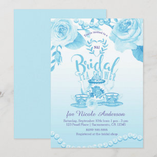 Rosen & Perlen Elegante Blaue Hochzeits-Teeparty Einladung