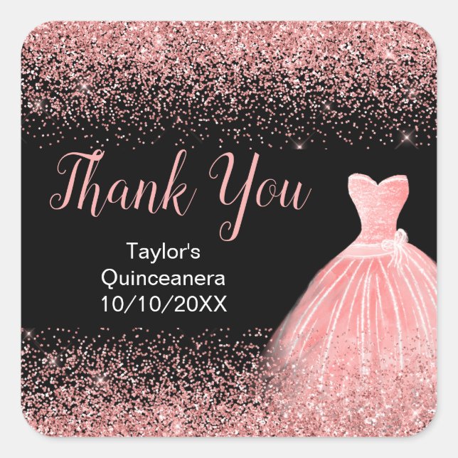 Rosen Pink Dress Imitate Glitzer Quinceanera Quadratischer Aufkleber (Vorderseite)