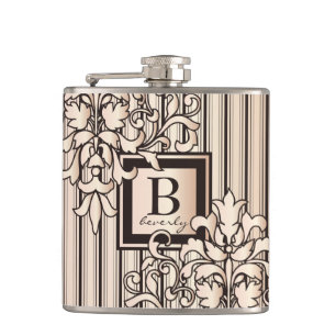 Rosen-Quarz-Damast Stripes Monogramm-Girly Flachmann