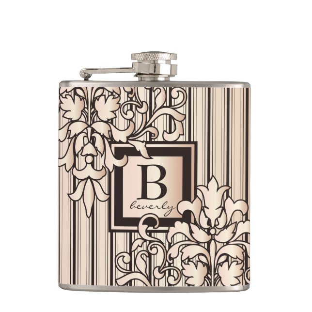 Rosen-Quarz-Damast Stripes Monogramm-Girly Flachmann (Vorderseite)