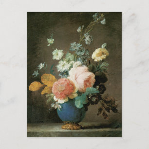 Rosen, Ranunkeln und andere Blumen in einer blauen Postkarte