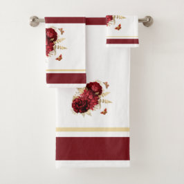 Rosen Red Gold Floral Butterfly Badhandtuch Set