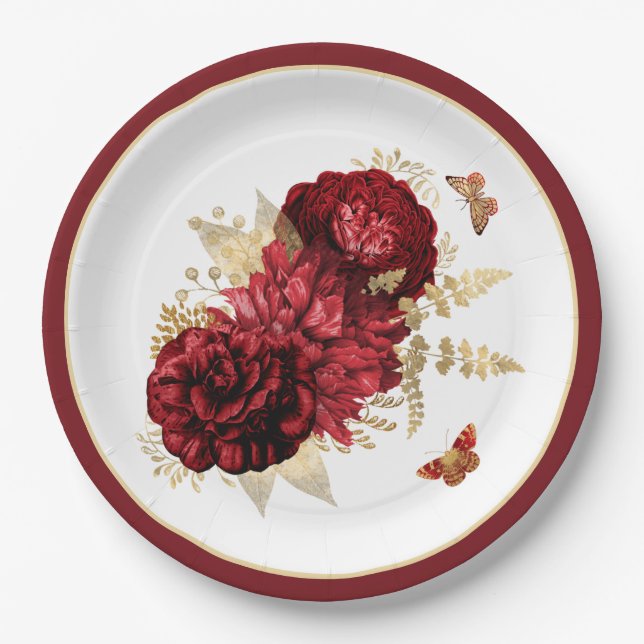 Rosen Red Gold Floral Butterfly Pappteller (Vorderseite)