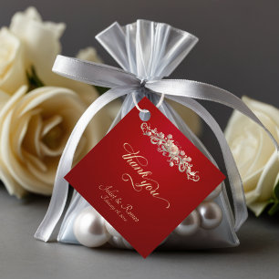 Rosen-Schriftrolle & Monogramm - Quadratisch Rot Geschenkanhänger