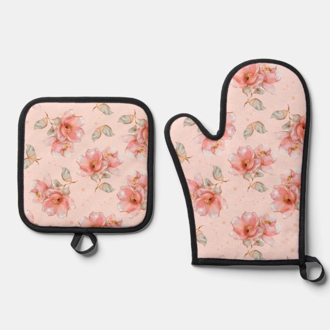 Rosen und Blätter, rosa Ofenhandschuh & Topflappen-Set (Vorderseite)