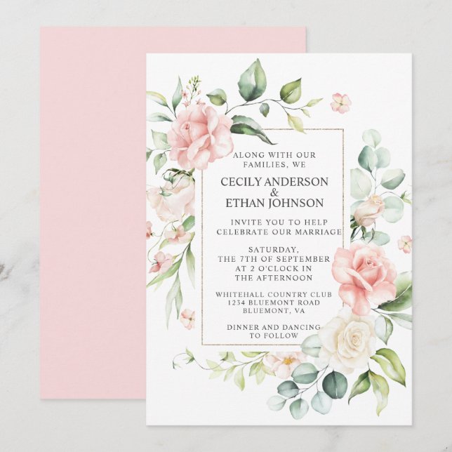 Rosen und Eukalyptus-Rahmen rosa Rücken Hochzeit Einladung (Vorne/Hinten)