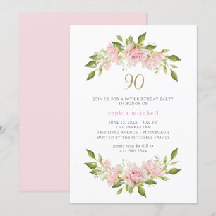 Rosen und Gold in hübschem Rosa   90. Geburtstag Einladung