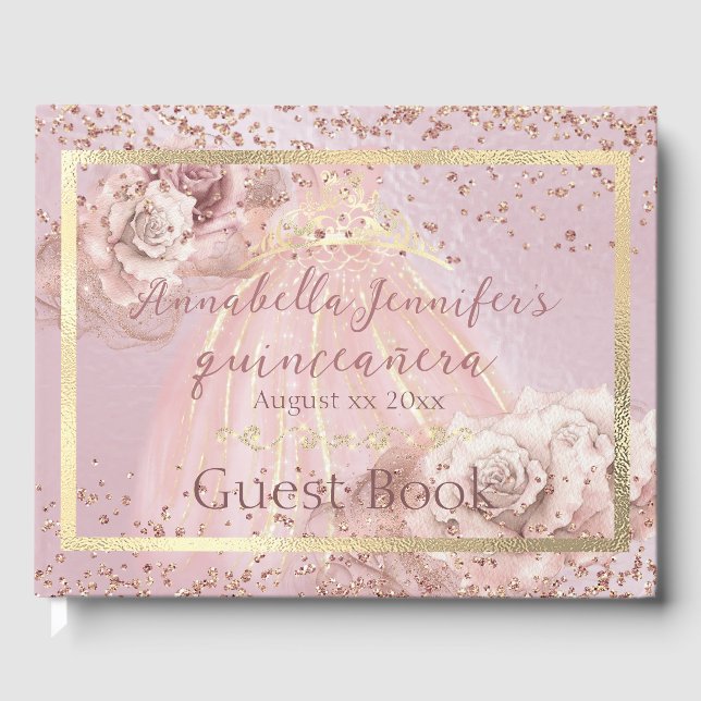 Rosen und Gold Quinceñera, rot und rosa Gästebuch (Vorderseite)