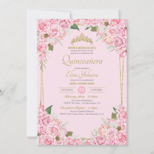 Rosen und Golden Tiara Floral Quinceanera Einladung