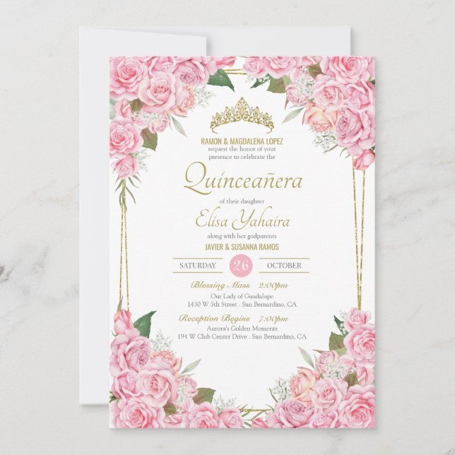 Rosen und Golden Tiara Floral Quinceanera Einladung (Vorderseite)