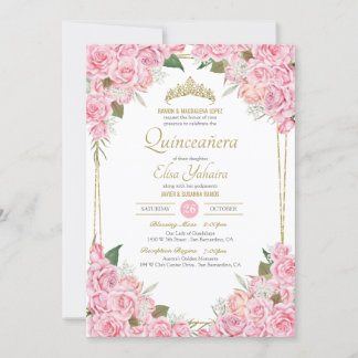 Rosen und Golden Tiara Floral Quinceanera Einladung