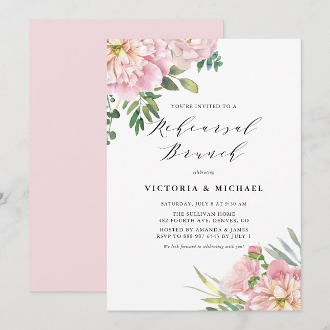 Rosen und Hydrangeas Probe Brunch Einladung (Vorne/Hinten)