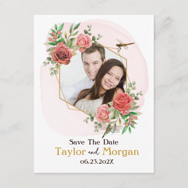 Rosen und Libellen Save the Date Foto Postkarte (Vorderseite)