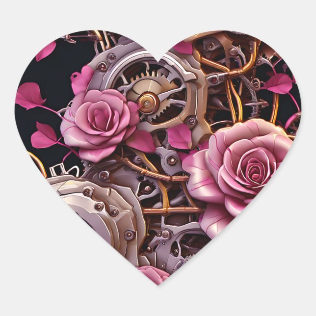 Rosen und Metallgeere Steampunk Herz-Aufkleber (Vorderseite)