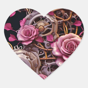 Rosen und Metallgeere Steampunk Herz-Aufkleber