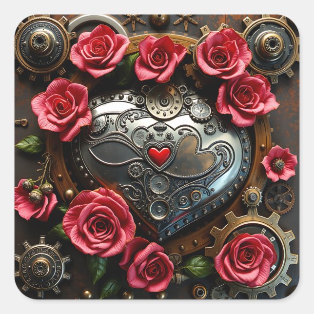 Rosen und Metallherz und -geere Steampunk Quadratischer Aufkleber (Vorderseite)