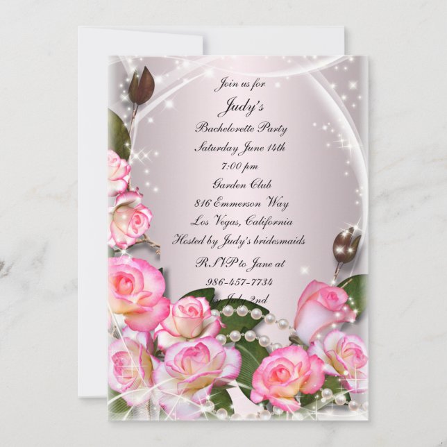 Rosen und Perlen in Rosa, elegant, Junggeselinnen- Einladung (Vorderseite)
