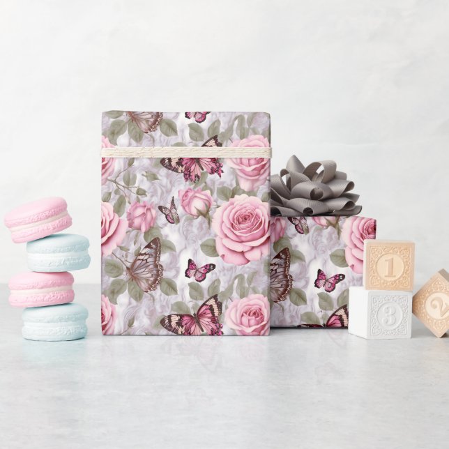 Rosen und Schmetterlinge Aquarell Geschenkpapier (Babyparty)