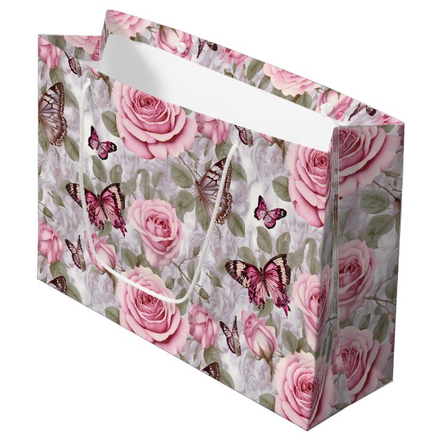 Rosen und Schmetterlinge Aquarell Große Geschenktüte (Vorderseite Schrägansicht)