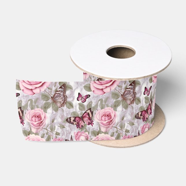 Rosen und Schmetterlinge Aquarell Satinband (Spule)