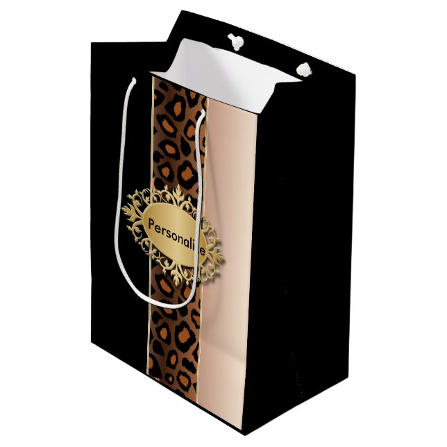 Rosen-und Schwarz-Leopard-Muster Mittlere Geschenktüte (Vorderseite Schrägansicht)