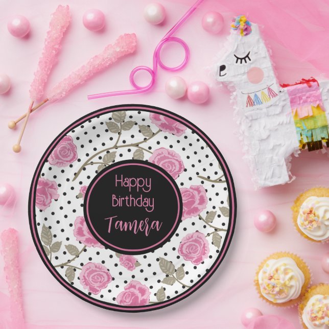 Rosen und schwarze Polka Punkte Personalisiert Pappteller (Party)