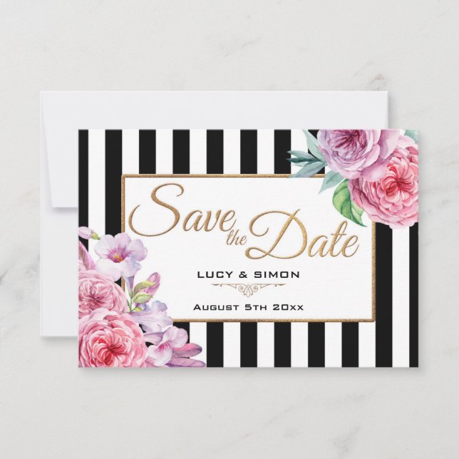 Rosen und Streifen Save the Date, rosa Date (Vorderseite)