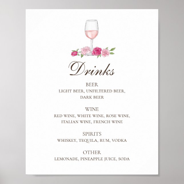 Rosen und Wein in Rosa. Blumengetränke Bar Poster (Vorne)