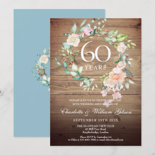 Rosen zum 60. Hochzeitstag auf rustikalen Holz Einladung