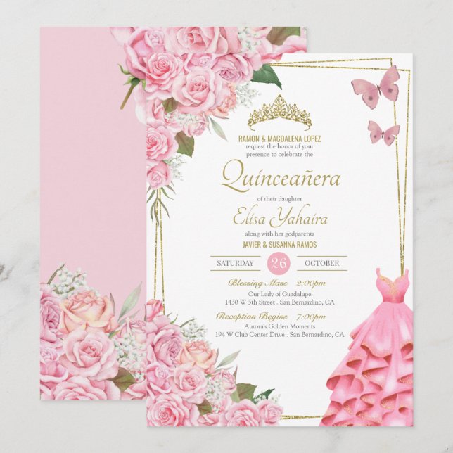 Rosenbläschen Quinceanera-Feier Einladung (Vorne/Hinten)