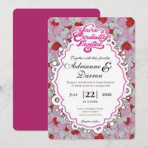 Rosenblatt-Hochzeitseinladung 1 mit rosa Buchstabe