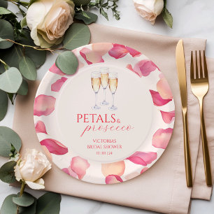 Rosenblättern in Rosa und Prosecco-Brautparty Pappteller