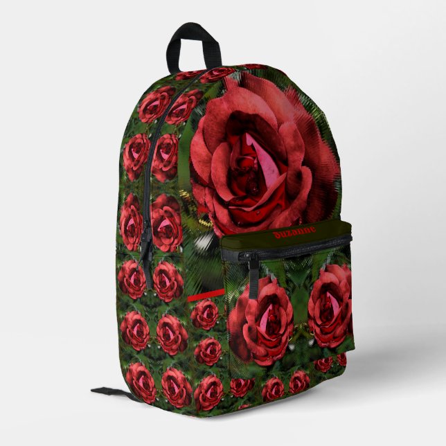 Rosenblume in blutabstrakter, personalisierter For Bedruckter Rucksack (Rückseitige Ecke links)
