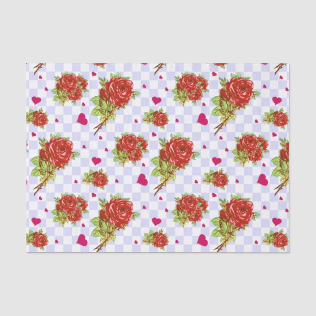 Rosenblumenmuster auf lila blauen Karos Seidenpapier (Vorderseite)