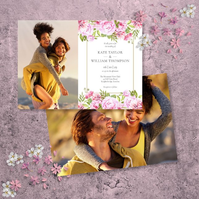 Rosenblüten Botanische Fotos Hochzeit Einladung (Pink Roses Floral Botanical Photos Wedding Invitation)