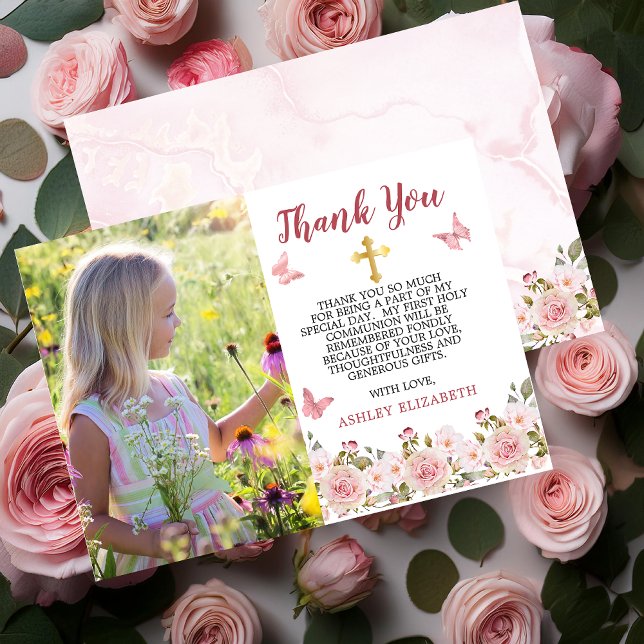 Rosenblüten und Schmetterlinge Erste Kommune Dankeskarte (Pink Rose Floral with Pink Butterflies and Gold Tone Trinity Cross Photo Thank You Card)