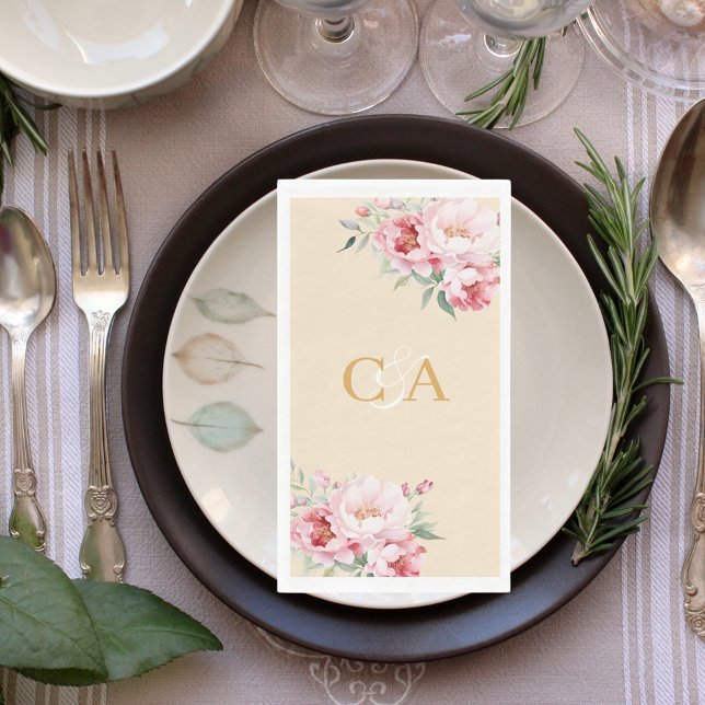 Rosenblütenblüten, beige Monogramm Hochzeit Serviette (Von Creator hochgeladen)