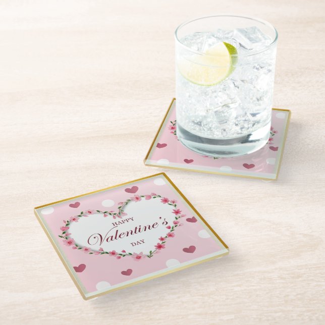 Rosenblütenherzen Valentinstag Geschenke Glasuntersetzer (Schrägansicht)
