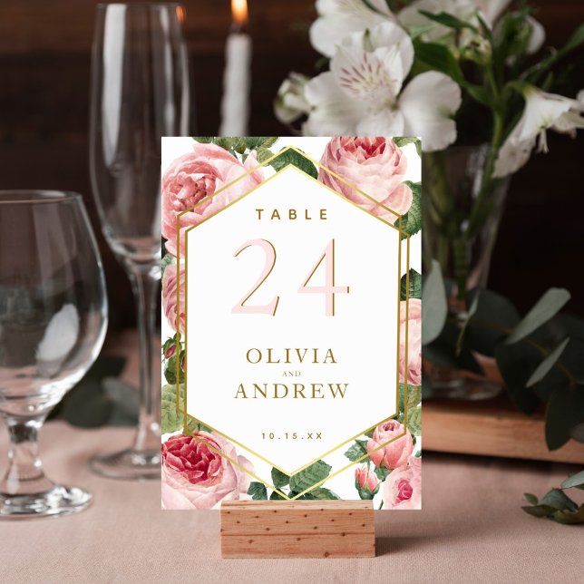 Rosenblütenrosen mit goldenem Diamantrahmen Tischnummer (Elegant watercolor pink rose design on this table number card is perfect for your wedding reception.)