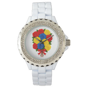 Rosenbouquet-Damen-Uhr mit Strass und weißem Email Armbanduhr