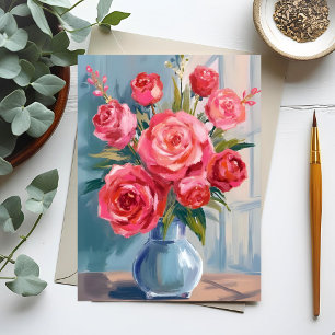 Rosenbouquet   Rote Blumenvase Aquarell Floral Postkarte
