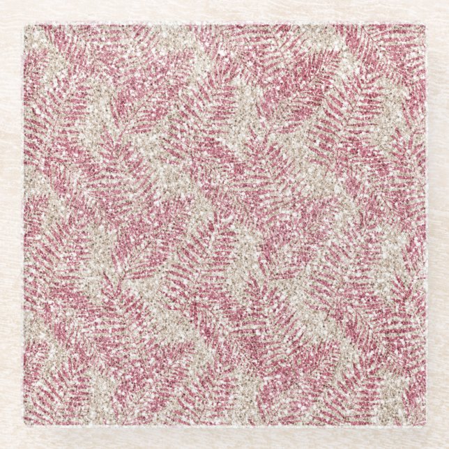 Rosencreme Glitzer Glitz Tropical Blätter Glasuntersetzer (Vorderseite)